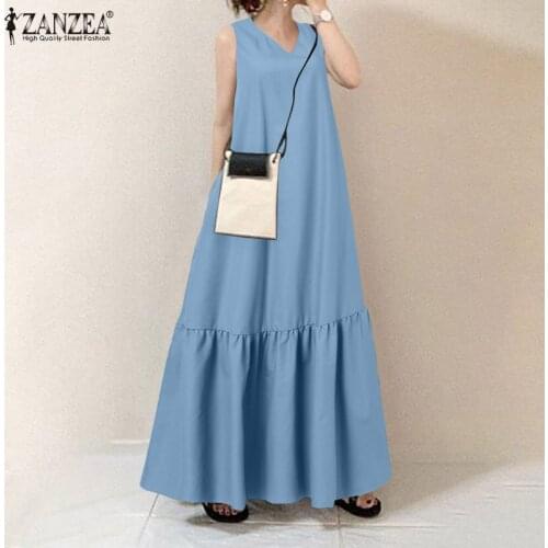 Womens Summer Sundress ZANZEA Vintage Solid Ruffle Dress Casual V Neck Maxi Vestidos Female Sleeveless Pleated Robe