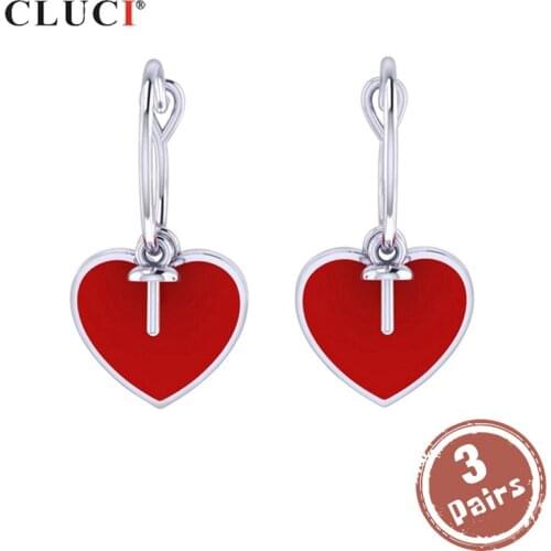 CLUCI 3 pair wholesale Silver 925 Earrings for Women Pearl Earrings Mounting 925 Sterling Silver Heart Hoop Earrings SE109SB