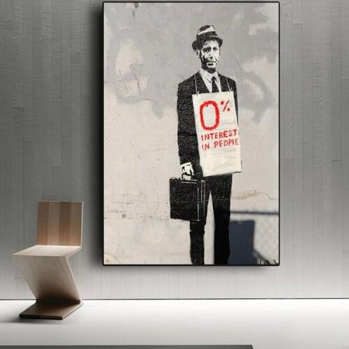 Scandinavian Banksy 0% Interested In People Funny Oil on Canvas Painting Posters and Prints Wall Art Pictures for Living Room