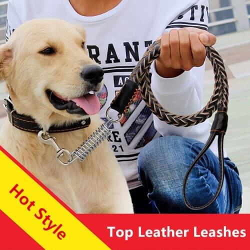 High Quality Top Cowhide Medium/Large breed Dog Collars Leash Dog Chain Pet Traction Rope Solid Leather Less 50 KG Pet Supplies