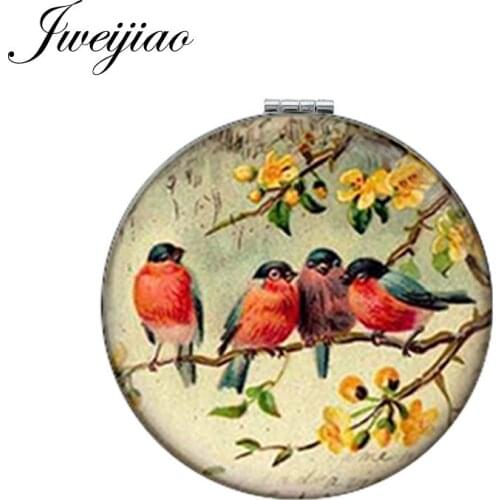 Youhaken Art Picture Birds On Branch Round Makeup Mirror PU Leather Mini Folding Compact 1X/2X Magnifying Lays Pocket Mirror