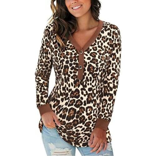 Button Leopard Long Sleeve T-Shirt for Women 90s Vintage V-Neck Tunic Female 2021 Autumn New Casual Womens Clothing Top Tee