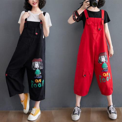 Cartoon Printed Denim Strap Female 2021 Summer Loose High Waist Ripped Jeans Cropped Trousers Vintage Trendy Streetwear zh1510
