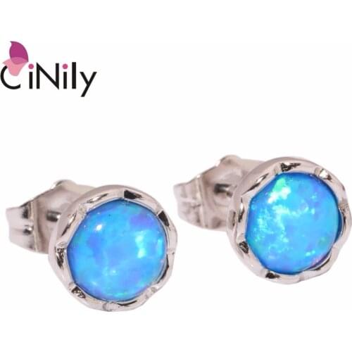 CiNily Created Blue Green Rainbow White Fire Opal Silver Plated Earrings Wholesale for Women Jewelry Stud Earrings 7mm OH2691-94