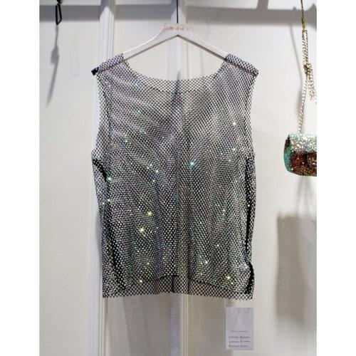 Summer Heavy Drill Vest Sexy Solid Color Hollow Out Tops for Women Rhinestone Mesh Top Mujer Verano 2021