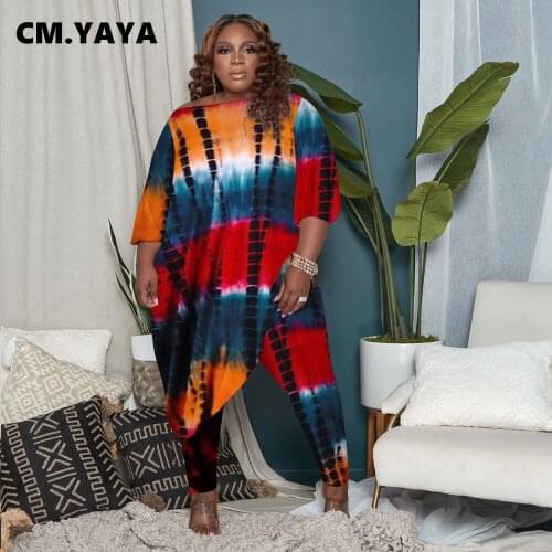 CM.YAYA Women Plus Size Tracksuit Print Full Sleeve Loose Long Tops Skinny Pencil Pant Two 2 Piece Sets Casual Outfit Autumn