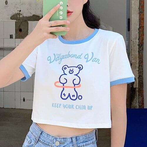 Sweet Cute Bear Letter Embroidery Knitted Short Sleeved T-shirt Womens Contrast Color Loose High-waist Crop Top