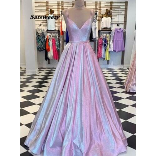 Modest Long Light Blue Glitter Prom Dress Long 2021 Evening Party Dress For Women Cross Backless robe de soiree