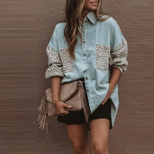 Spring Women Denim Coat Pocket Loose Long Sleeve Single Breasted Lady Autumn Fashion Leopard Print Stitching Casual Shirt Jacket