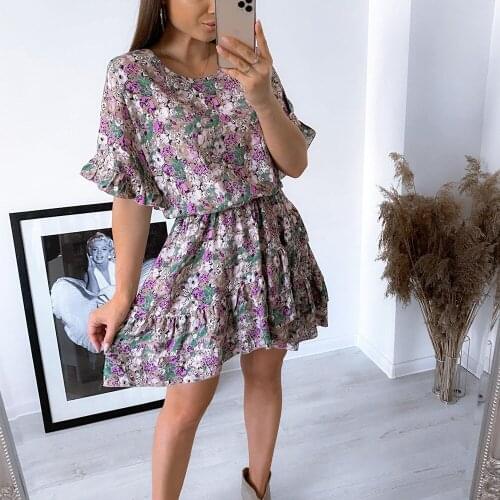 Floral Printed Summer Womens Dress Round Neck Casaual Bohemian Style Short Sleeve Tie Up Dress Skirt Suit Beach Holiday Party