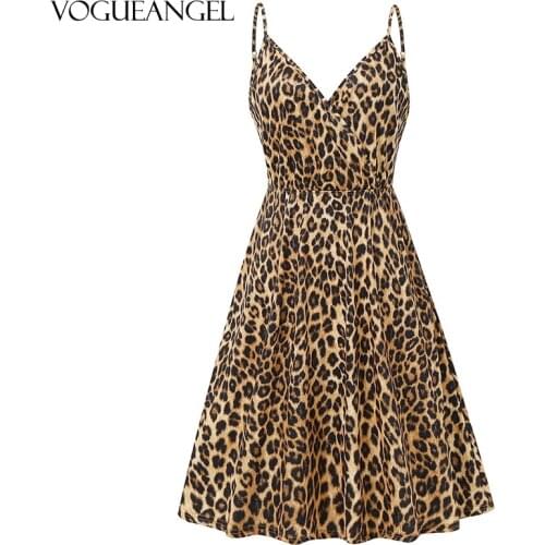 2021 Women`s Summer Adjustable Shoulder Strap Leopard Print Sling Dress with Pockets Vintage Floral Printed Dress for Party