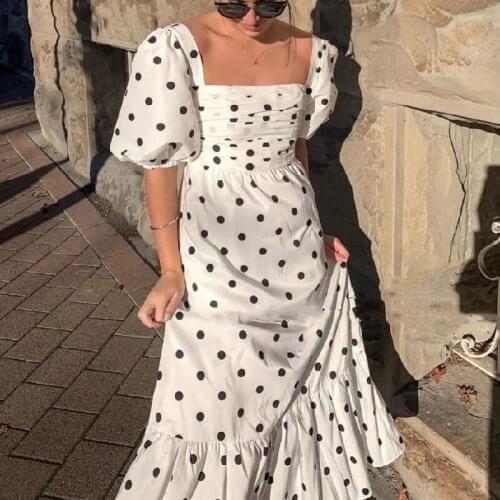 2021 Summer Polka Dot Print Women Midi Dress Square Collar Puff Sleeve Slim Waist Ladies Pleated Ruffles Trim Long Dresses Robe