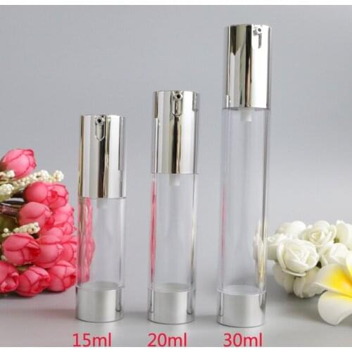 15ml 20ml 30ml Empty Airless Pump Bottles Silver Transparent Mini Portable Vacuum Cosmetic Treatment Pump Travel Bottle 10pcs