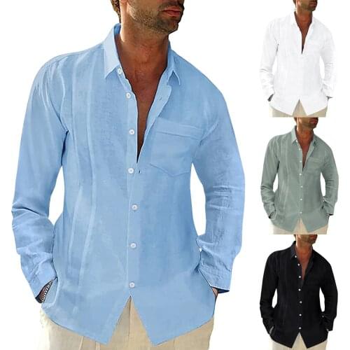 Plus Size Men Fashion Shirt Cotton Linen Tops Sexy Men Clothing 2021 Summer Long Sleeve Lapel Shirt Solid Color Mens Blouse