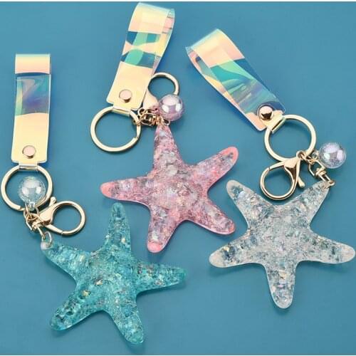 New Fantasy Simulation Transparent Starfish Keychain Pentagram Crystal Key Chain Ladies Bag Car Key Alloy Pendant Jewelry