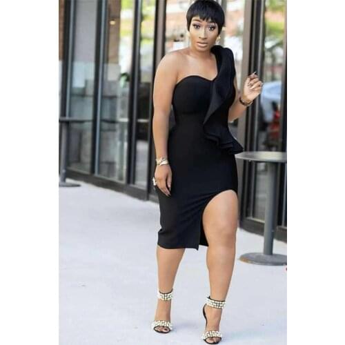 Black One Shoulder Ruffle Cut Out Bodycon Elegant Women Bandage Dress Cocktail Party Dress Nigh Party Dress