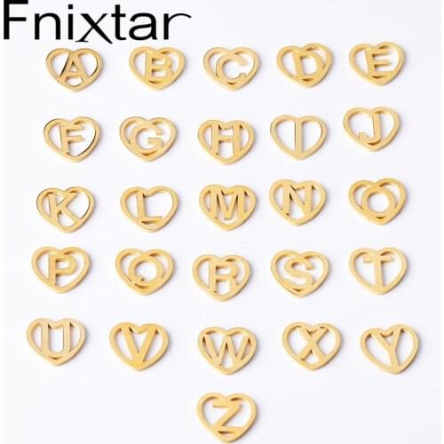 Fnixtar 26Pcs 12mm Hollow Love Heart Initials Alphabet Charms Mirror Polish Stainless Steel Letter A-Z Charms For Braid Bracelet