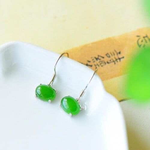 Natural Hetian Jade Kitty Jasper Small Eardrops Small Refined Grace S925 Pure Silver Ear Hook Green Earrings