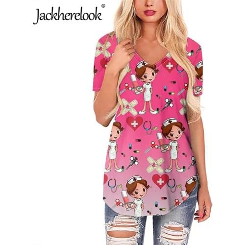 Jackherelook Brand Design Cute Cartoon Nurse Tops Harajuku Blouses for Womens Casual Short Sleeve Female Shirts Camisas de Mujer
