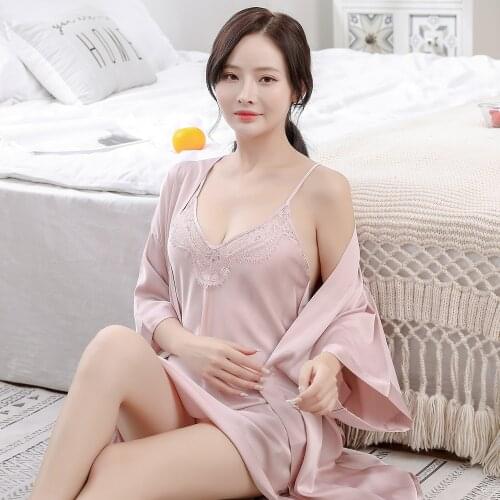 L-U-K Lady Sexy Nightdress 3/Pcs Satin Silk Pajamas Back Lace Sleepwear Comfortable Home Night Dress Woman V Neck Nightgown