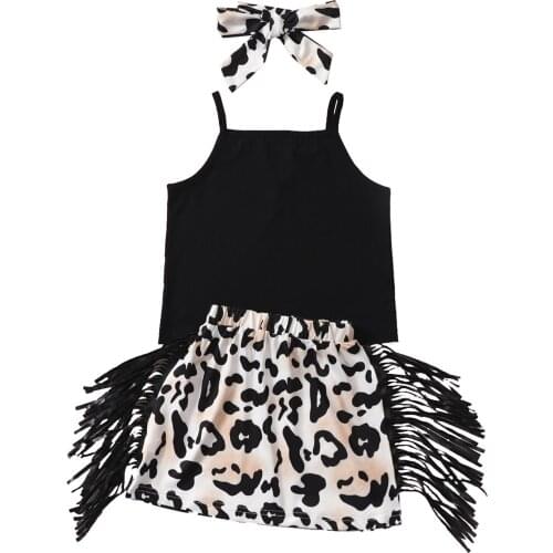 Citgeett Summer Kids Baby Girls Outfit Solid Strap Vest + Leopard Print Tassels Short Skirt + Headband Clothes Set 2-7Years