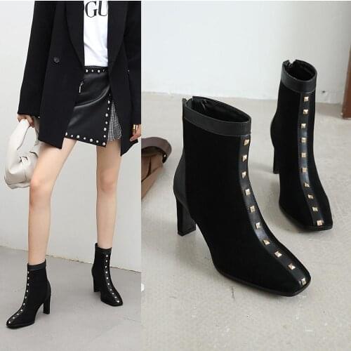 Black Fashion Ankle Boots Square Toe Thick High Heel Shoes Rivets Flock Zipper Boots Women Autumn Winter Female Footwear Size 43