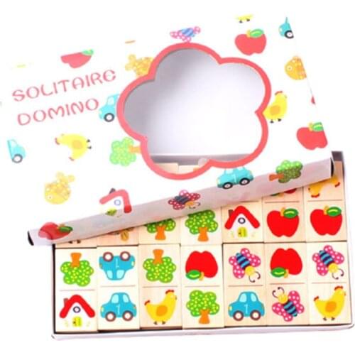 Montessori children learning educational toys 28pcs wooden domino fruit animal cognitive building blocks stacked toys gifts