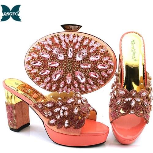 New Arrival African Women Shoes And Bag Set For Party Peach pink Color High Heels Sandals Sequin Slingback Shoes Lady Wedding
