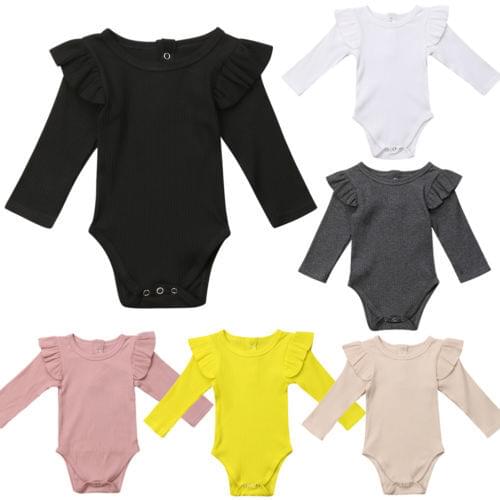 Newborn Infant Kids Baby Girls Boys Autumn Causal Bodysuits Ruffles Long Sleeve Solid Warm Jumpsuits Outfit 0-24M