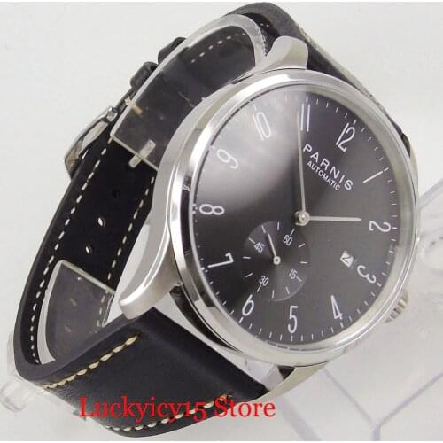 PARNIS Round Simple Black Dail With Date Window Mental Watch Case 42mm Automatic Self Winding Mens Watch