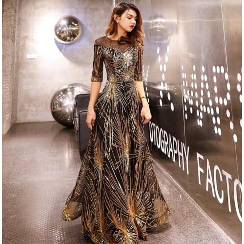 Luxury Gold Sequin Prom Dresses Half Sleeved Elegant Black Tulle Illusion A-Line Wedding Graduation Birthday Party Prom Gown New