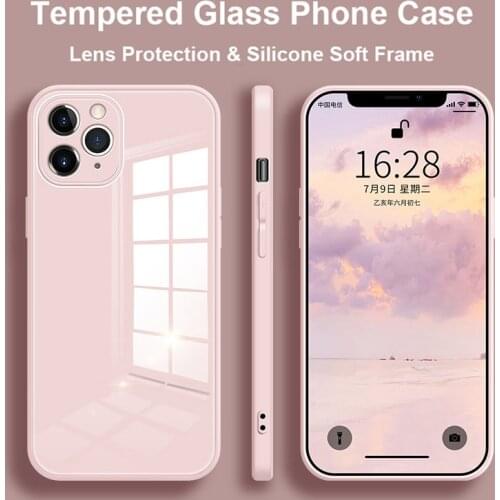 Luxury Square Tempered Glass Case for iPhone 12 Mini 11 Pro XS Max X XR 8 7 Plus SE 2020 Anti-knock Liquid Silicone Back Cover
