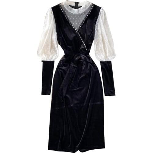 Spring Fall Pastel Elegant Sexy Splicing Net Yarn Black Plus Size Korean Party Dress Women Luxurious Trendy Ukraine Formal Robe