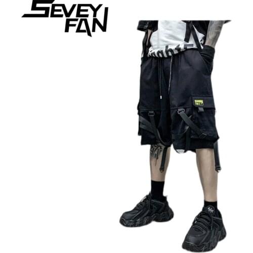 SEVEYFAN Summer Mens Cargo Shorts Big pocket with Belt Hip Hop Street Fashion Loose Black Shorts