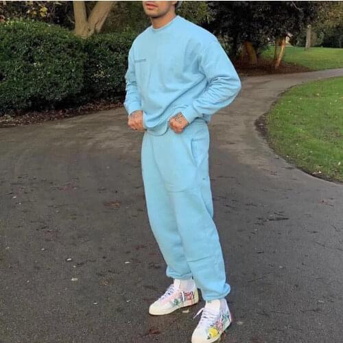 Spring New Men Tracksuit 2 Piece Set 100% Cotton Long Sleeve Crewneck Sweatshirt+Solid High Waist Drawstring Loose Sweatpants