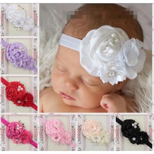 Rhinestone Ribbon Pearl Headwear Girls Hairbands Baby Kid Sewing Flowers Headband Kids Children Hair Accessories YH399