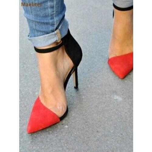 Women red black sude leather contrast color pointed toe high heel shoes high quality stiletto heels patchwork wedding shoes