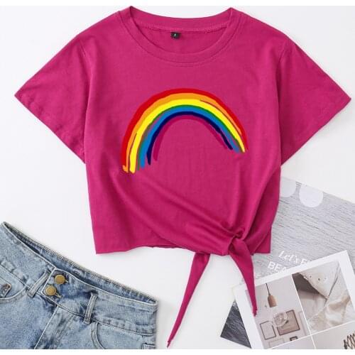 Rainbow Knotted Crop Top Shirt Womens Summer Short Sleeve Print Cotton T-Shirt Cropped Tops Graphic Tee with Front Tie Knot