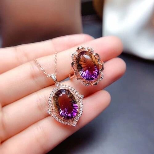 S925 Millennials Ametrine Jewelry Sets for Women Party Necklace and Ring Fine Jewelry Gifts Oval Cuted Gemstones Top Quality