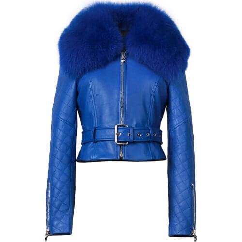 High Quality Women Genuine Leather Jacket With Real Fox Fur Collar Ladies Lambskin Coat