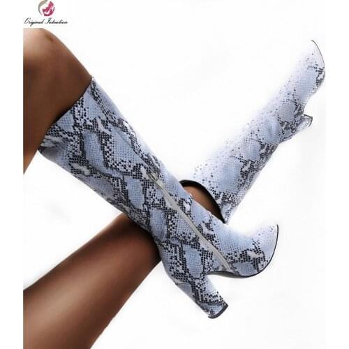 Womens Knee High Long Boots Sexy Pointed Toe Square Heel Blue Serpentine Zipper High Heels Party Women Shoes Plus Size 35 41 47
