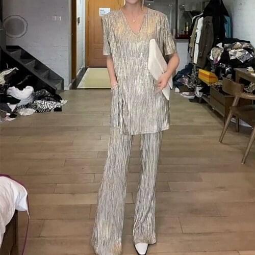 Fashion Womens Autumn Winter Runway Skirt Suit luxury Golden O- neck gold and silver Long Sleeve Blouse + Pleated Skirt Twinset