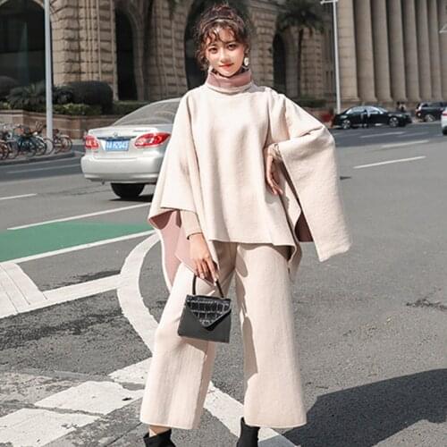 Runway Chic Sweatsuits For Women Set New Autumn Winter Loose Cloak Cape Knitted Coat + High Waist Wide Leg Pants 2 Piece Suits