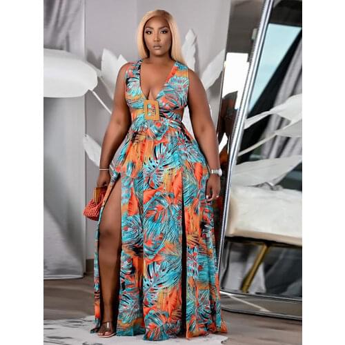 Plus Size Women Long Dress Print Sleeveless V-neck Hollow Out Bandage Splited Maxi Dresses Sexy Fashion Vestidos Summer Outfits