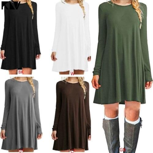 Women Plus Size Long Sleeve Loose Midi Long T-Shirt Dress Solid Color Casual Pleated Swing Round Neck Pullover Streetwear S-2XL