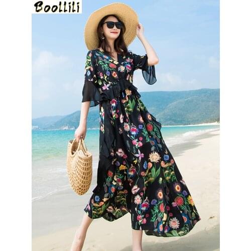 Boollili Women Silk Summer Dress Long Black Print Floral Elegant Dress Slim High Quality Dresses Maxi Vestidos Verano 2020