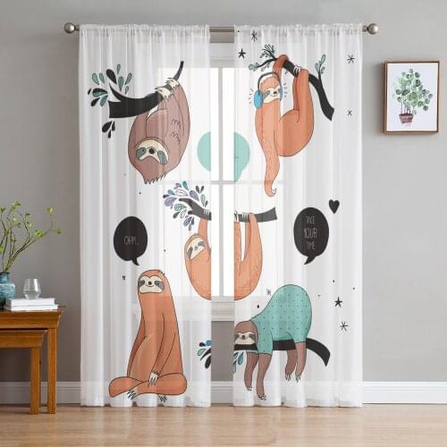 Sloth Animal Cartoon Branch Sheer Window Curtains for Living Room Bedroom Modern Tulle Curtains Fabric Drapes