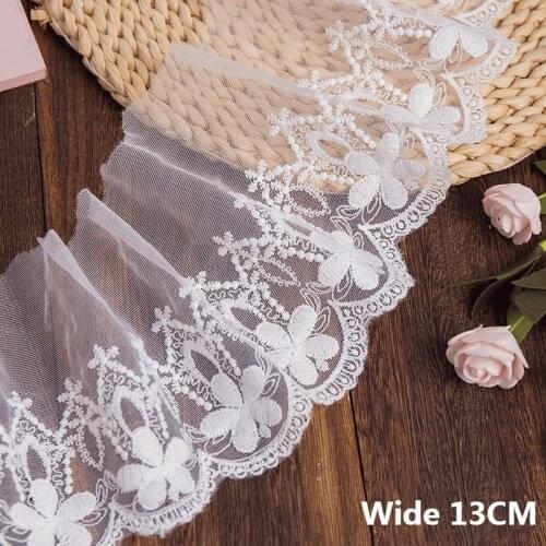 13CM Wide Tulle White Mesh Cotton Embroidery Flowers Fabric Lace Ribbon Wedding Dress Bride Headveil Trim DIY Sewing Supplies