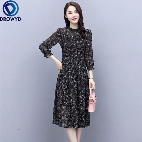 2021 Summer Print Chiffon Long Sleeve Women Dress Vintage Black Floral Plus Size Midi Dress Elegant Bodycon Party Dress Vestidos