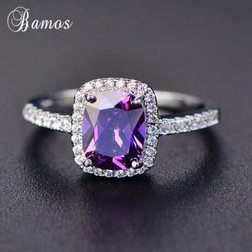 Bamos Purplr/White/Blue Geometric Zircon Engagement Ring Luxury White Gold Filled Wedding Rings For Women Fashion Jewelry